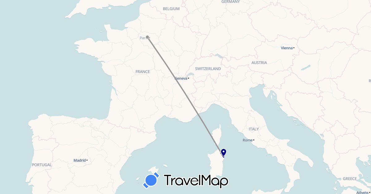 TravelMap itinerary: driving, plane in France, Italy (Europe)